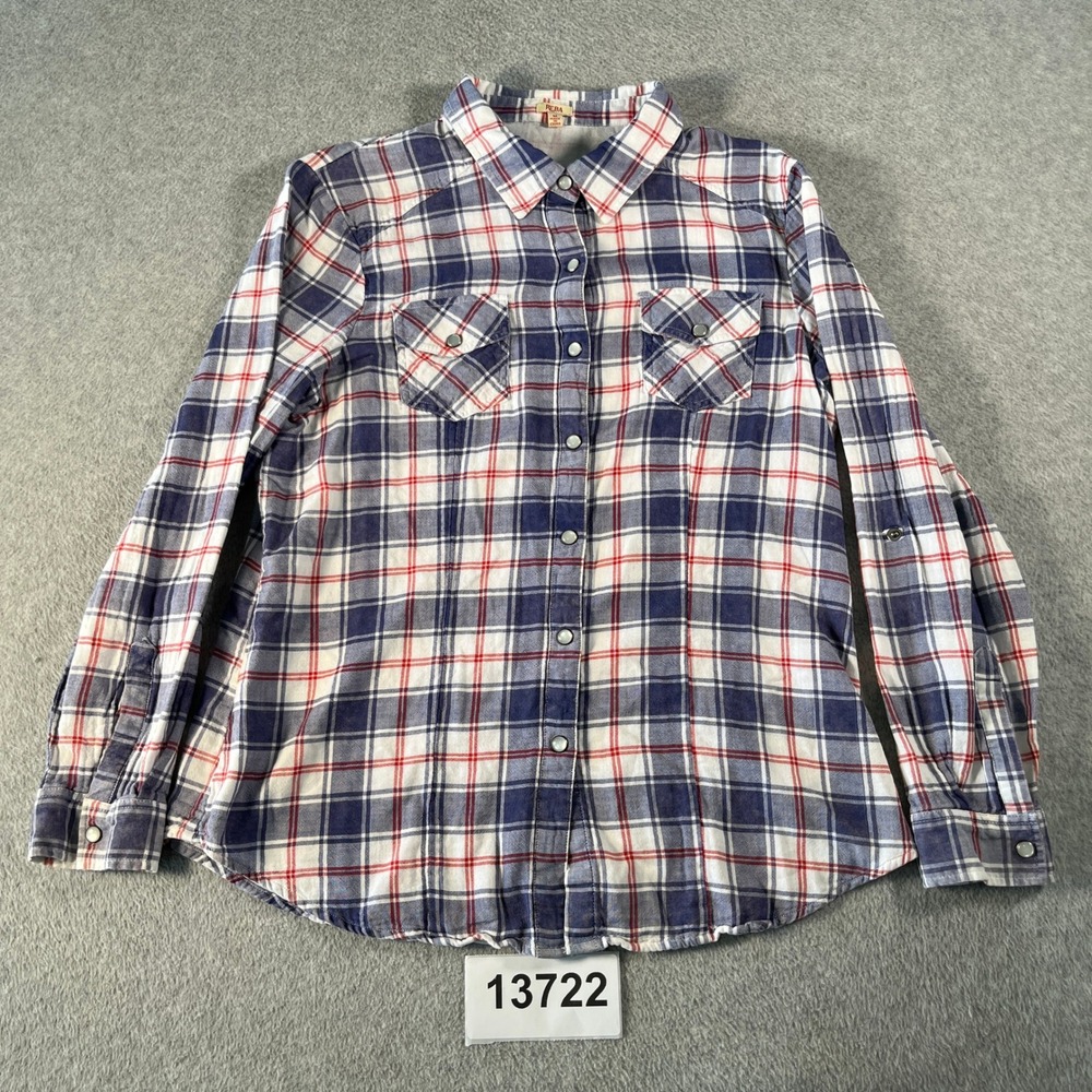 REBA Western Shirt Womens M Multicolor Plaid Cotton Curved Hem Roll Tab Sleeve